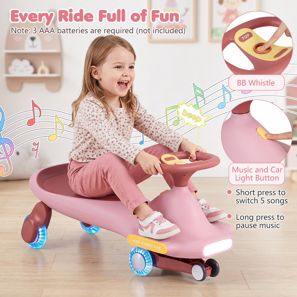 Wiggle Car for Kids with LED Flashing Wheels for Indoor Outdoor Play-Pink view 6