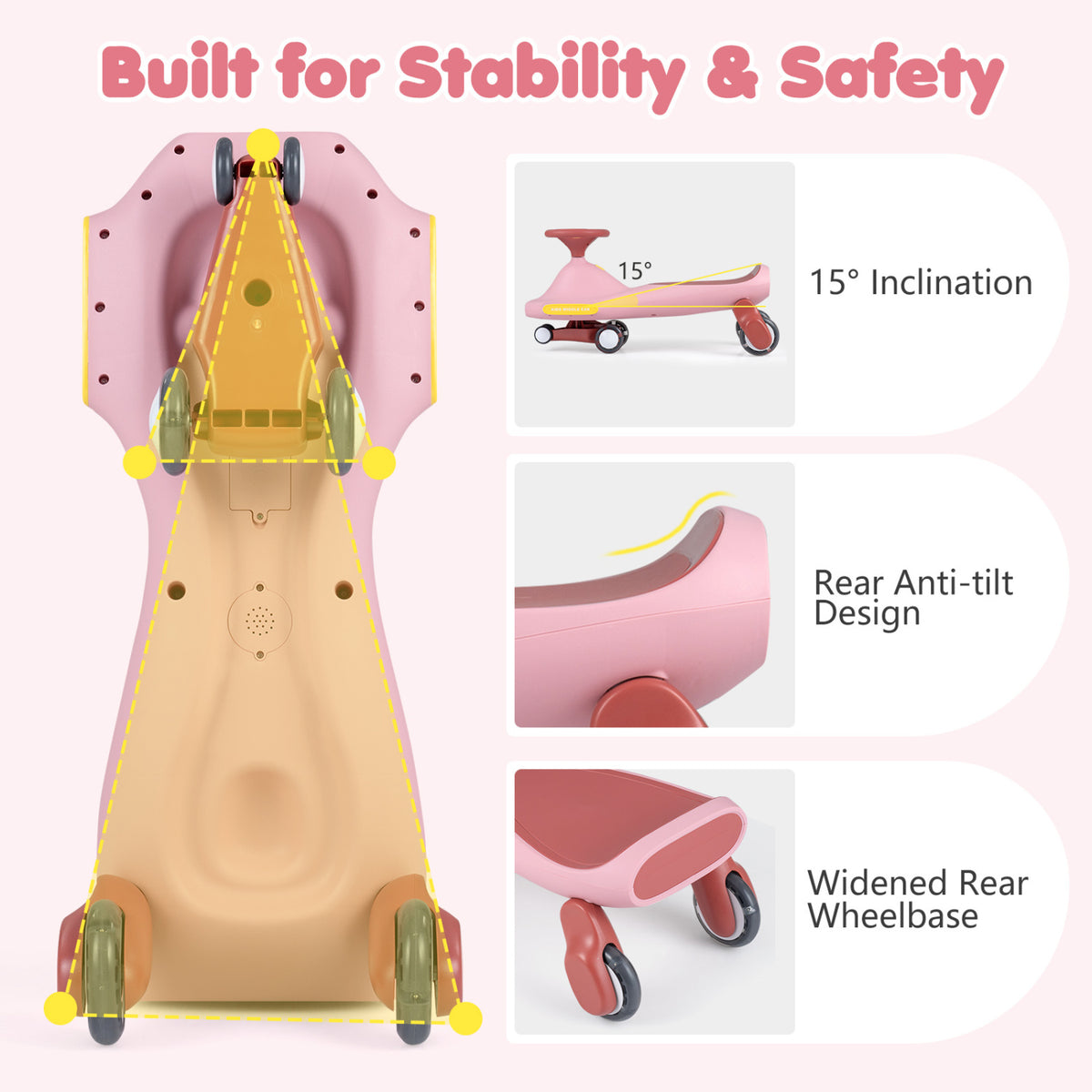 Wiggle Car for Kids with LED Flashing Wheels for Indoor Outdoor Play-Pink view 8