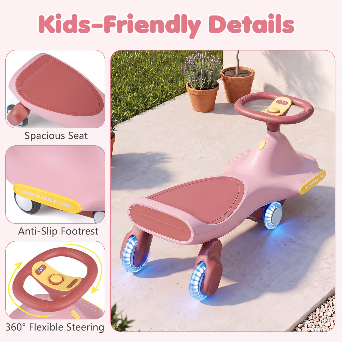 Wiggle Car for Kids with LED Flashing Wheels for Indoor Outdoor Play-Pink view 9