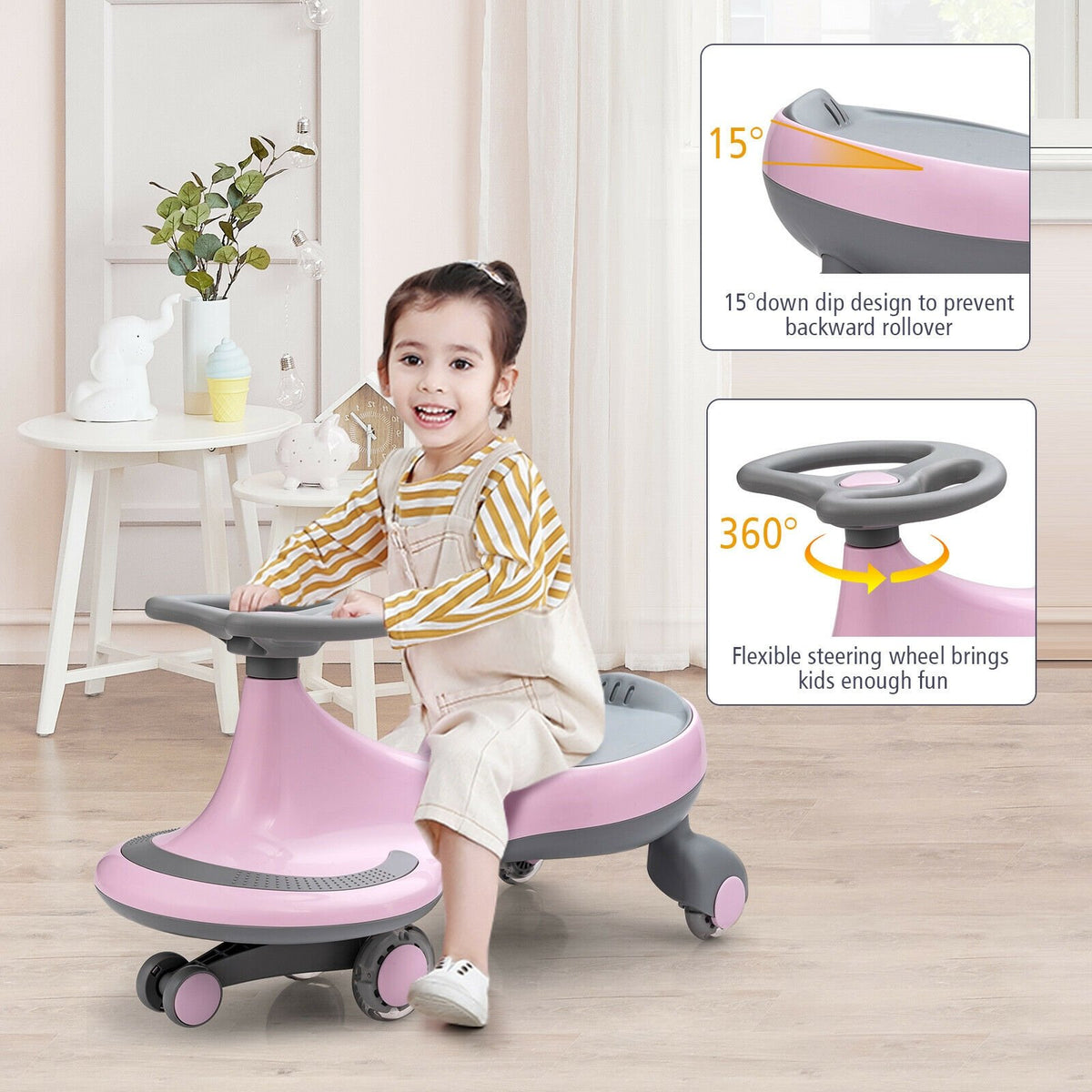 Wiggle Car Ride-on Toy with Flashing Wheels-Pink view 7