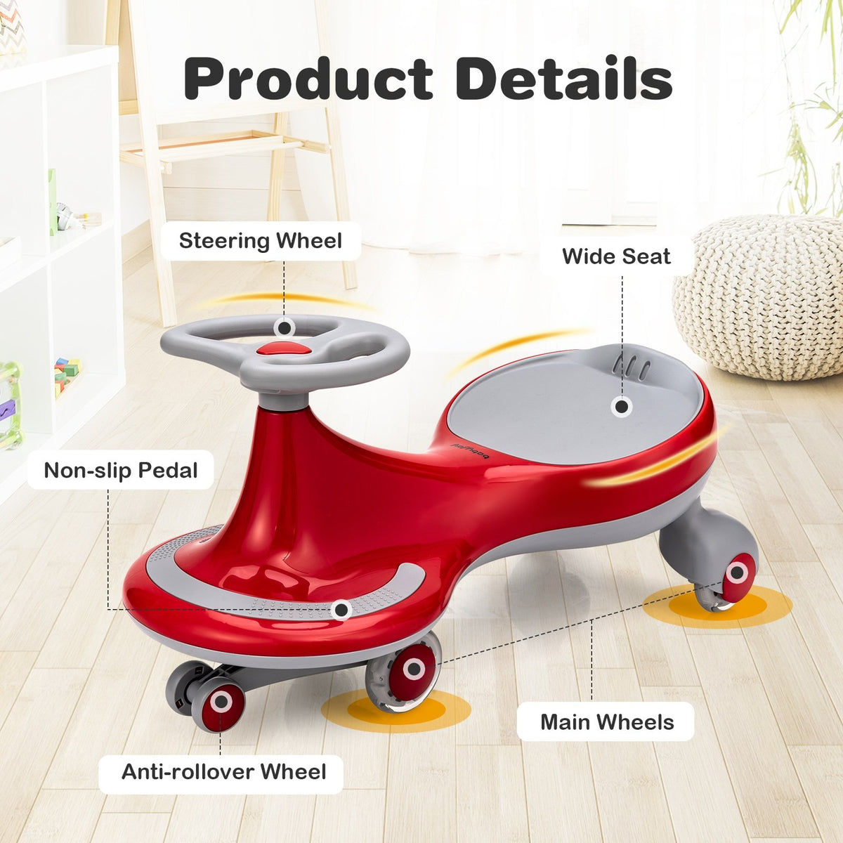 Wiggle Car Ride-on Toy with Flashing Wheels-Red view 7