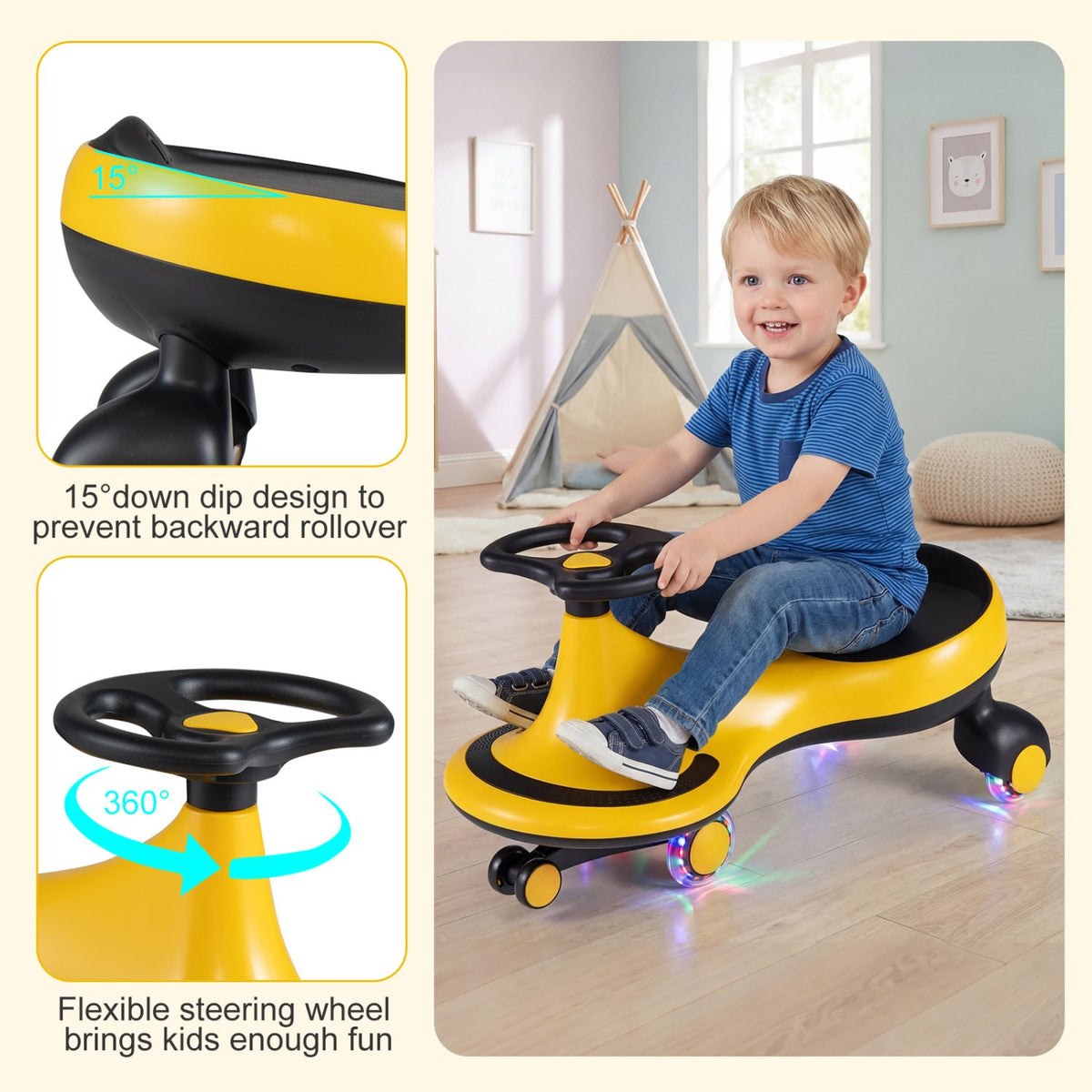 Wiggle Car Ride-on Toy with Flashing Wheels-Yellow view 9