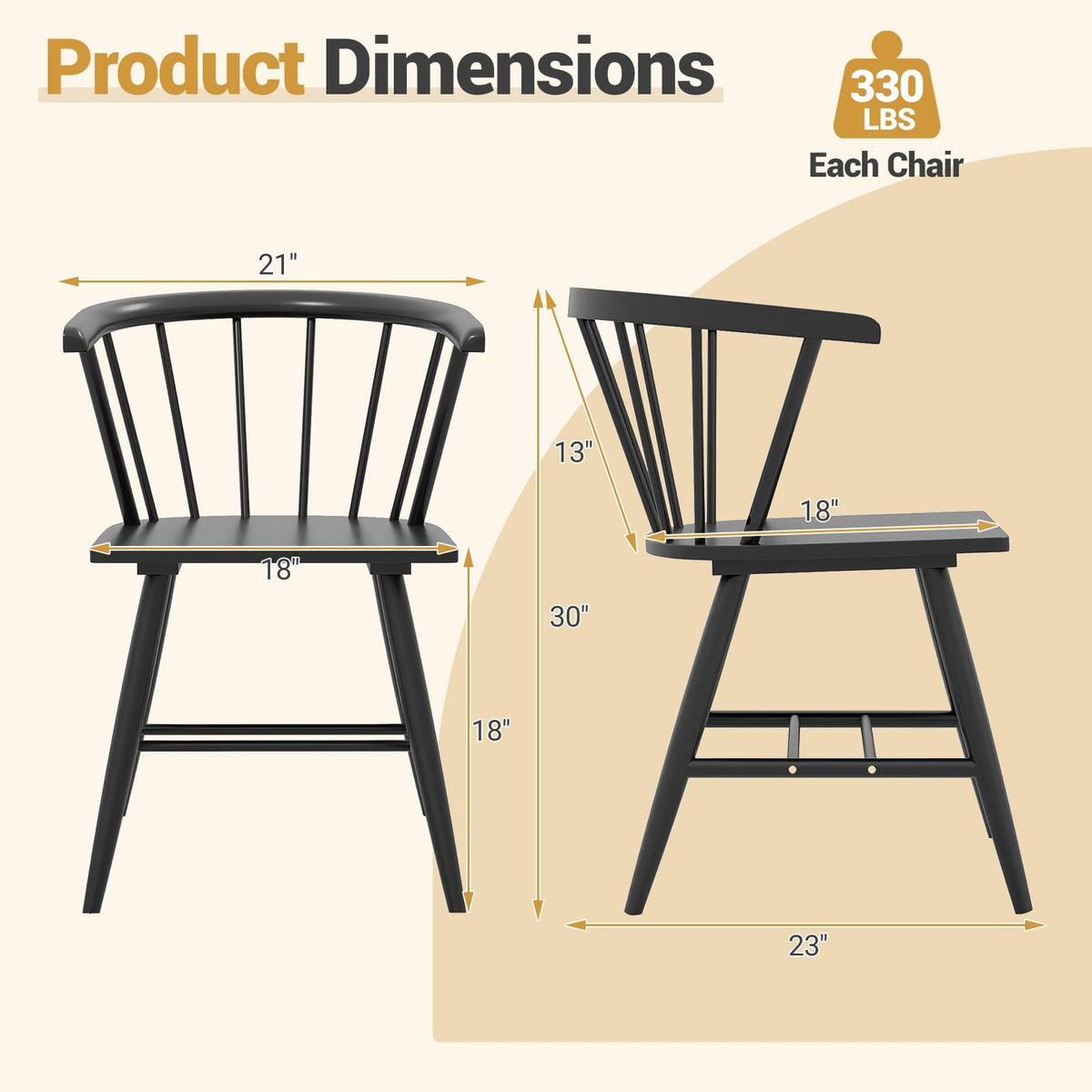 Windsor Dining Chair Set of 2 Mid-Century Modern Black Kitchen Chairs-Black view 4