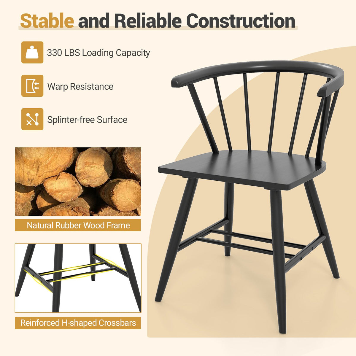 Windsor Dining Chair Set of 2 Mid-Century Modern Black Kitchen Chairs-Black view 7