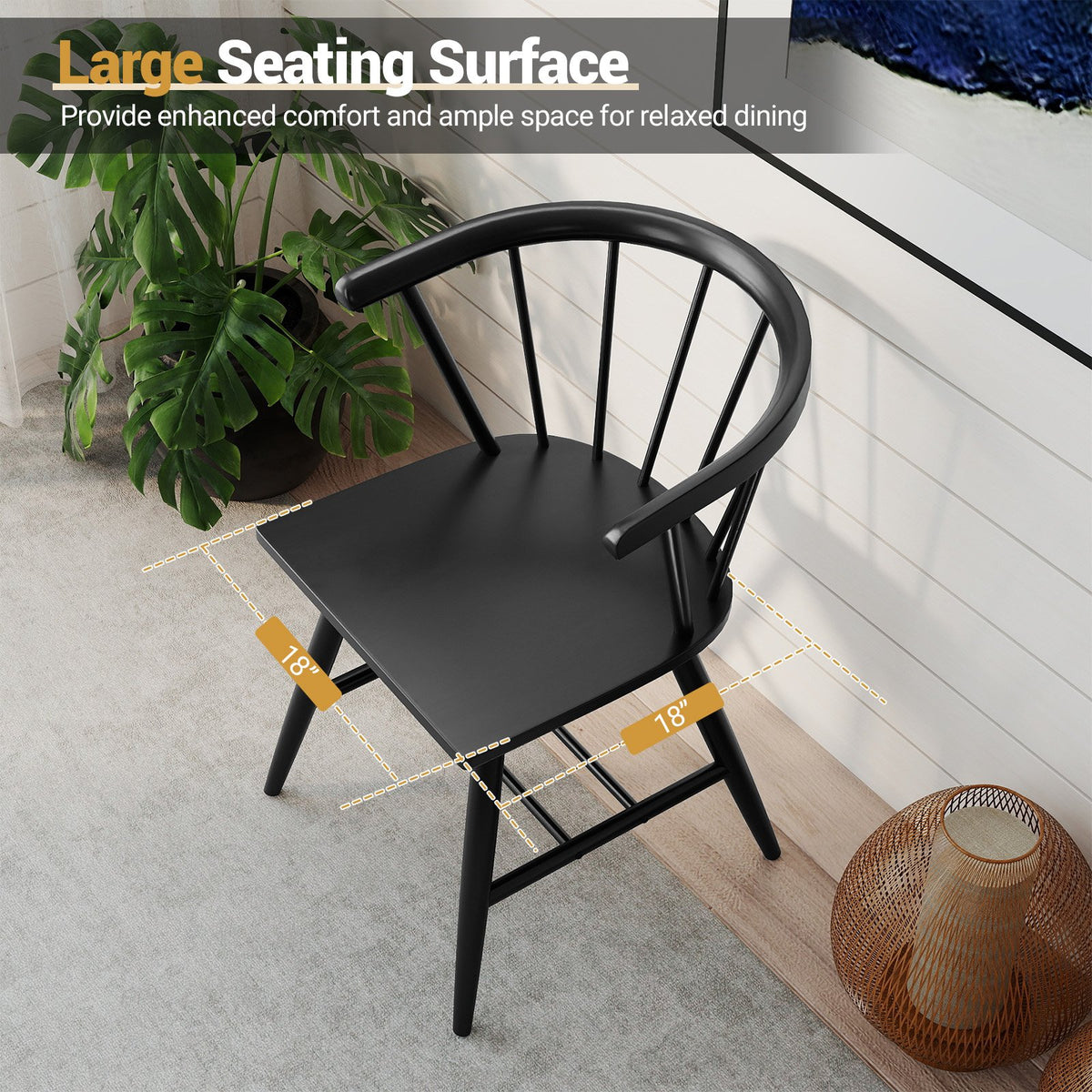 Windsor Dining Chair Set of 2 Mid-Century Modern Black Kitchen Chairs-Black view 8