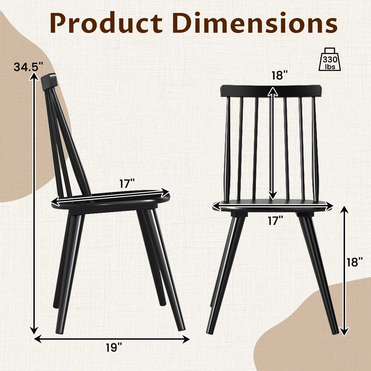 Windsor Dining Chair Set of 2 with Solid Rubber Wood Frame-Black view 4