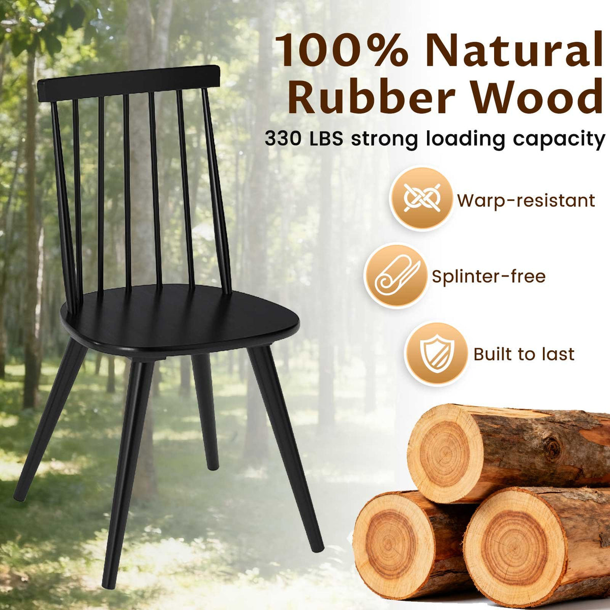 Windsor Dining Chair Set of 2 with Solid Rubber Wood Frame-Black view 7