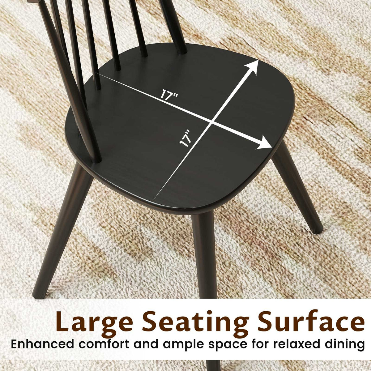 Windsor Dining Chair Set of 2 with Solid Rubber Wood Frame-Black view 8