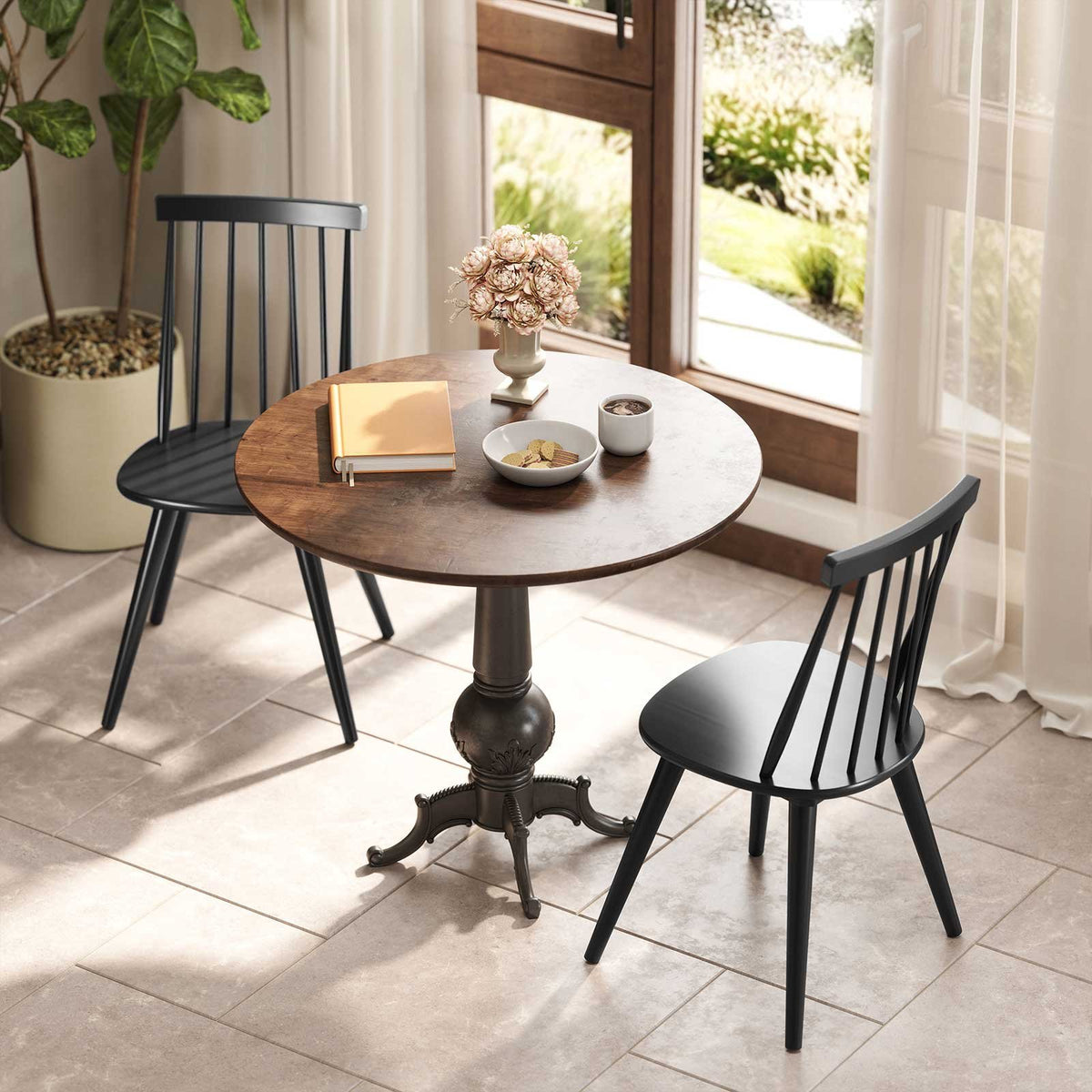 Windsor Dining Chair Set of 4 with Solid Rubber Wood Frame-Black view 6