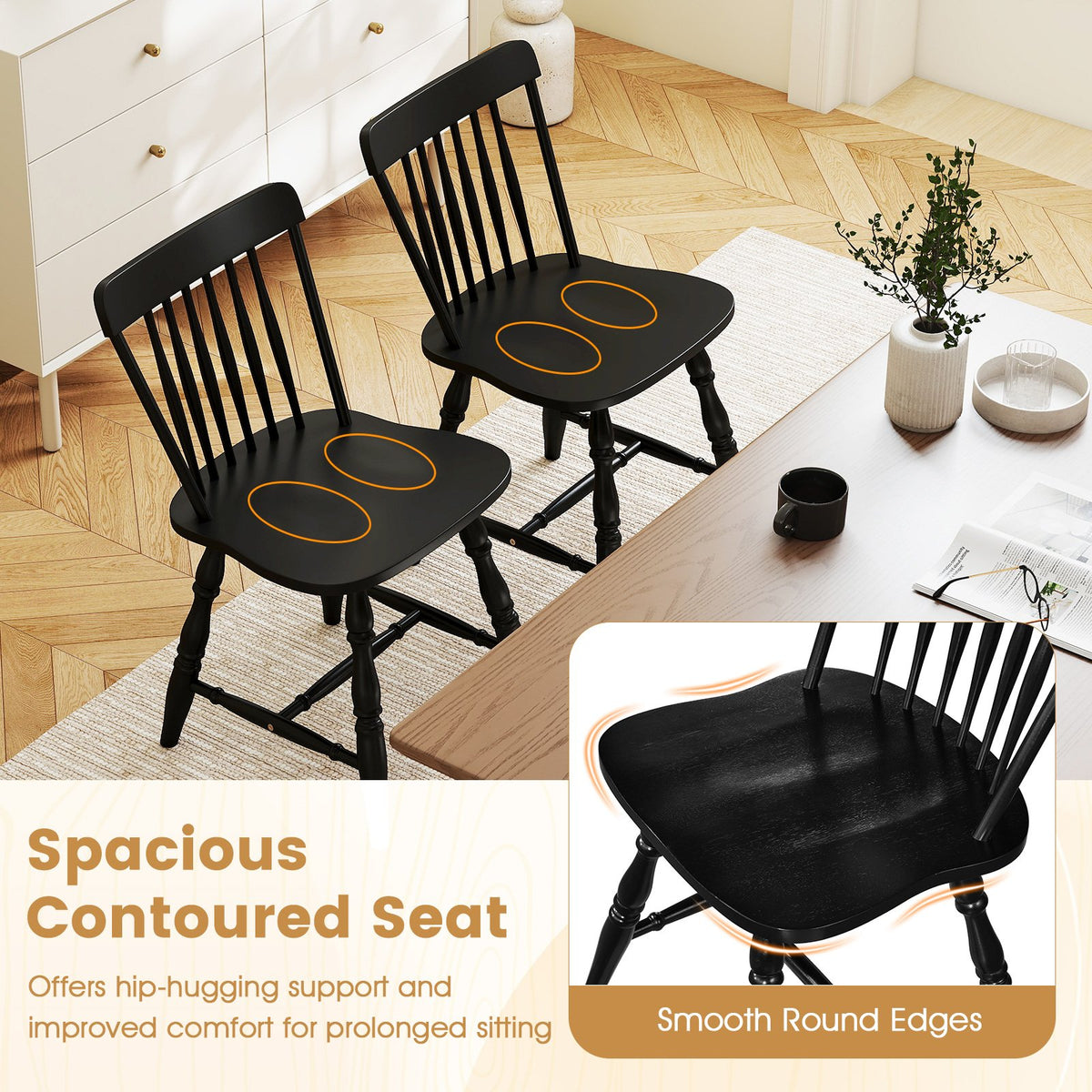 Windsor Dining Chairs Set of 2 with Curved Spindle Back-Black view 9