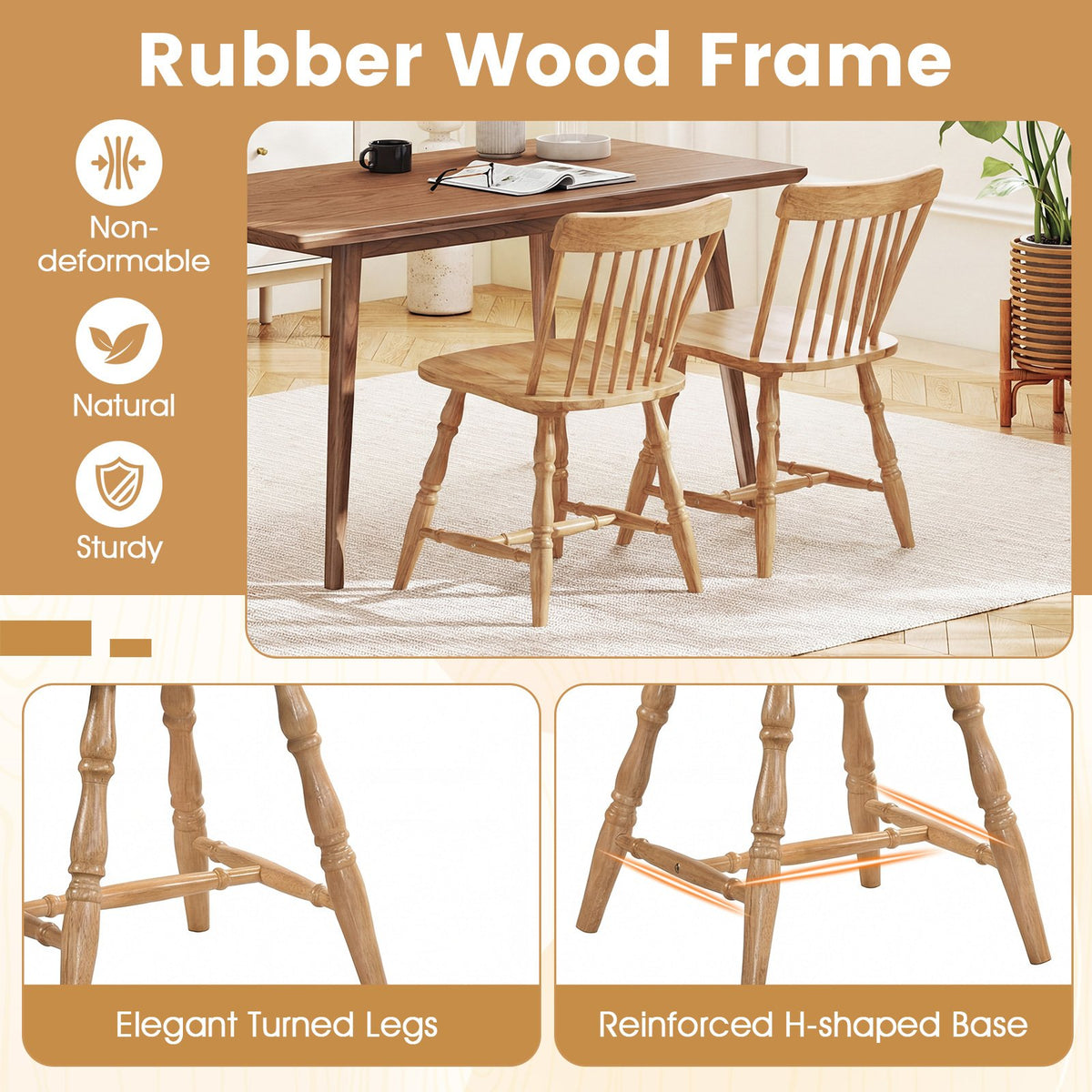 Windsor Dining Chairs Set of 2 with Curved Spindle Back-Natural view 7