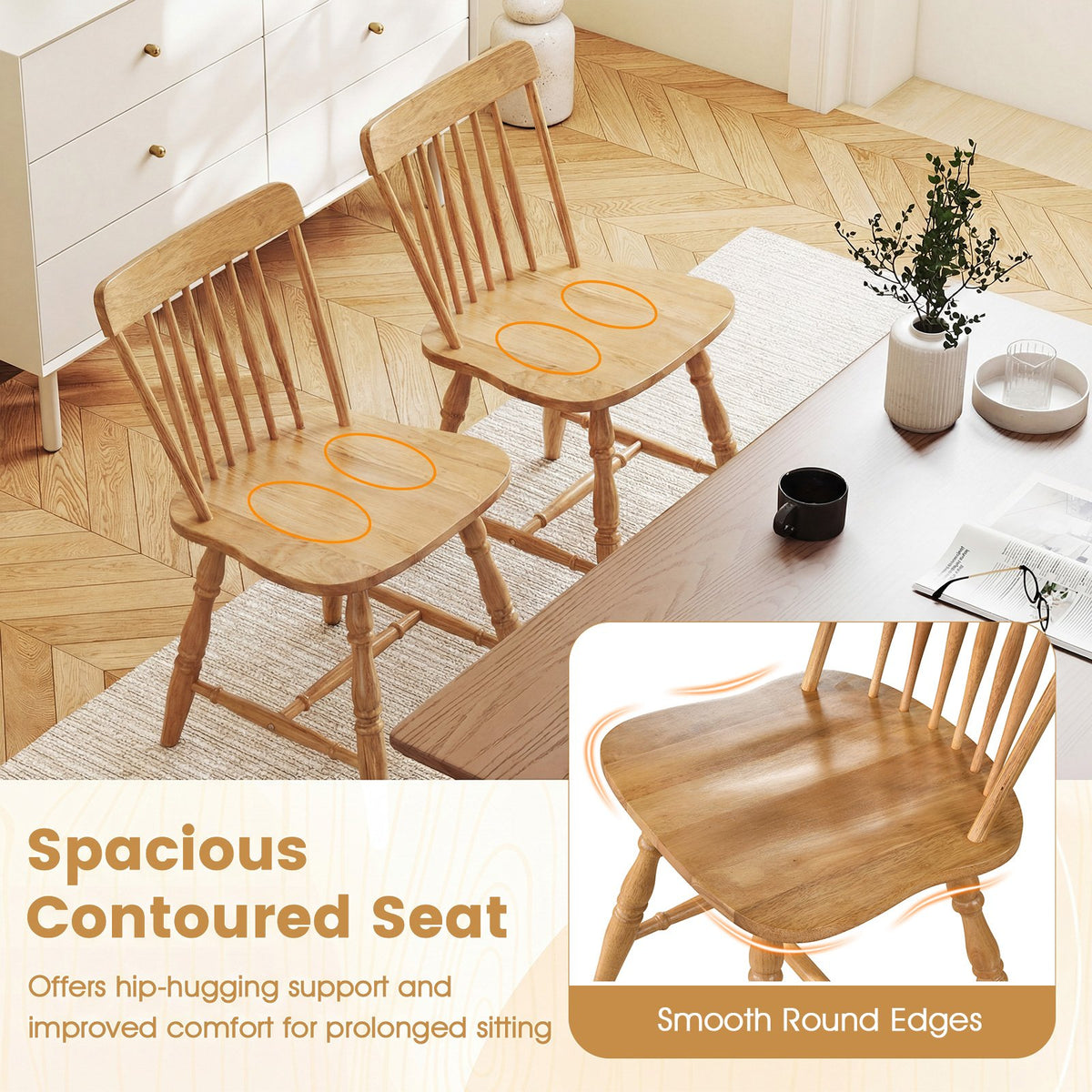 Windsor Dining Chairs Set of 2 with Curved Spindle Back-Natural view 9
