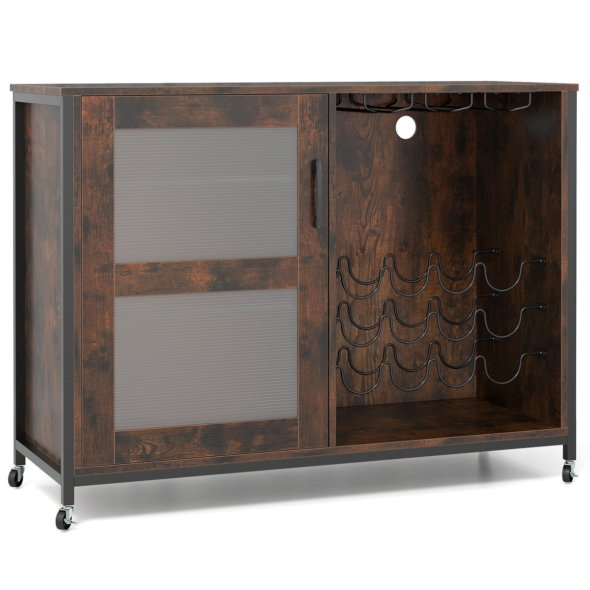 Wine Bar Cabinet with LED Light and Adjustable Shelves-Rustic Brown view 3