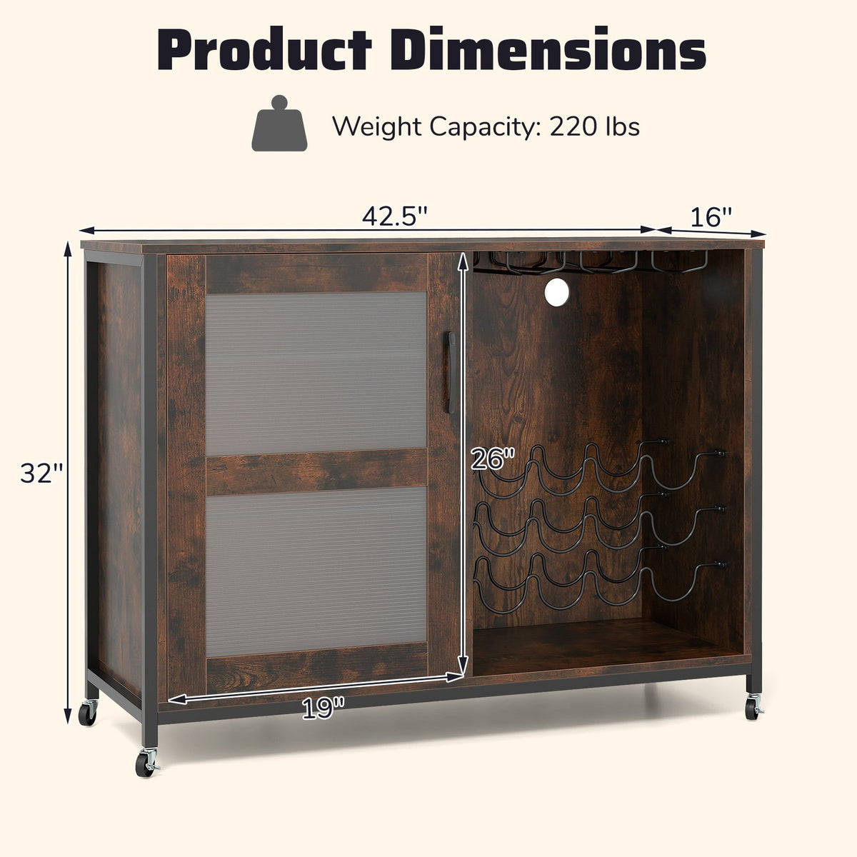 Wine Bar Cabinet with LED Light and Adjustable Shelves-Rustic Brown view 4