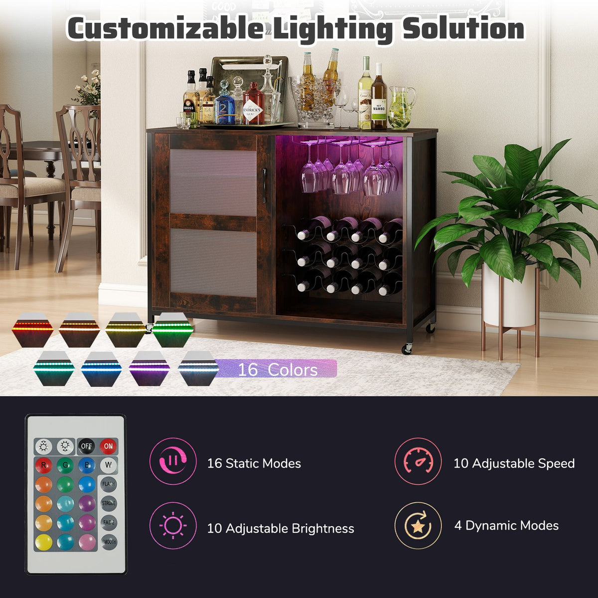 Wine Bar Cabinet with LED Light and Adjustable Shelves-Rustic Brown view 5