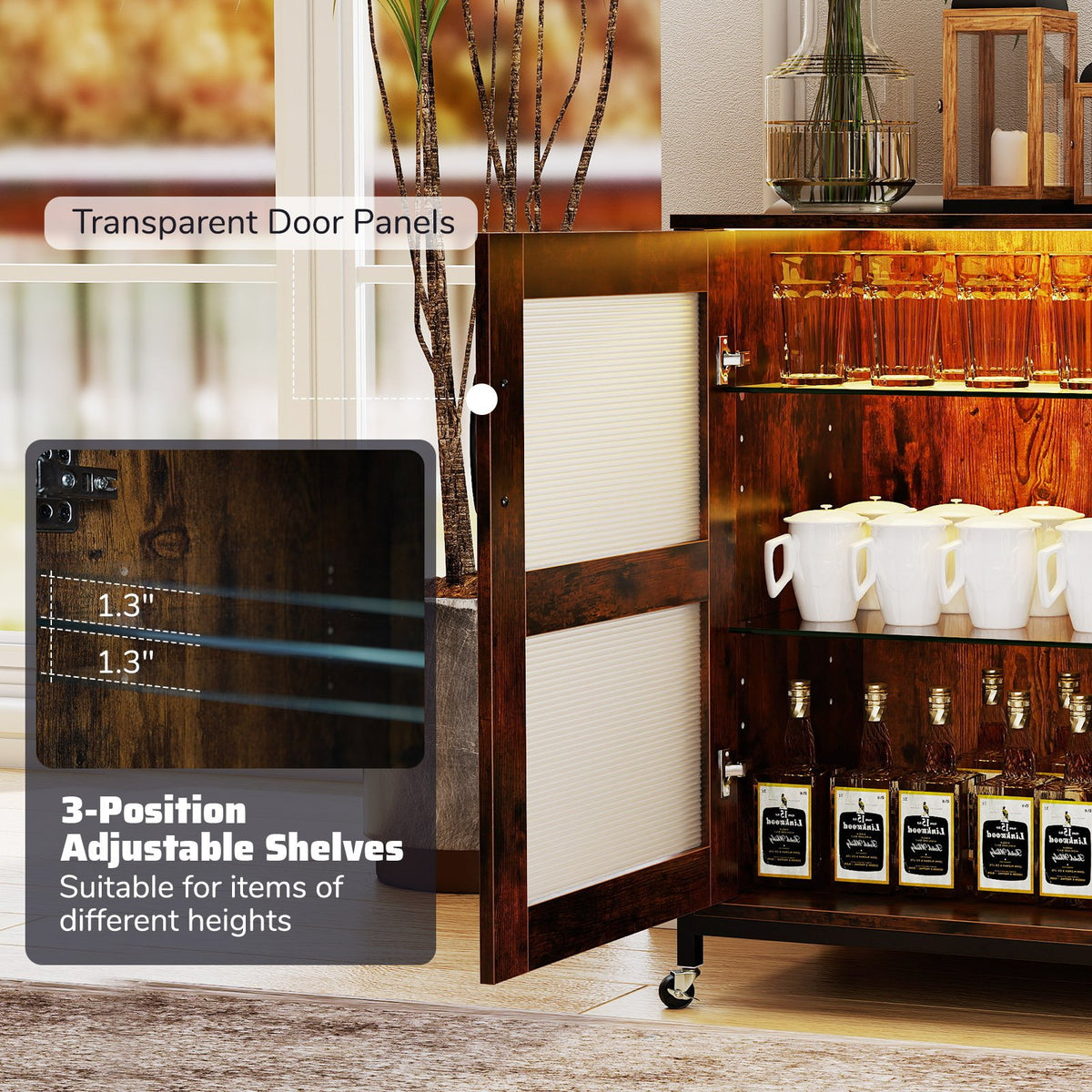 Wine Bar Cabinet with LED Light and Adjustable Shelves-Rustic Brown view 6