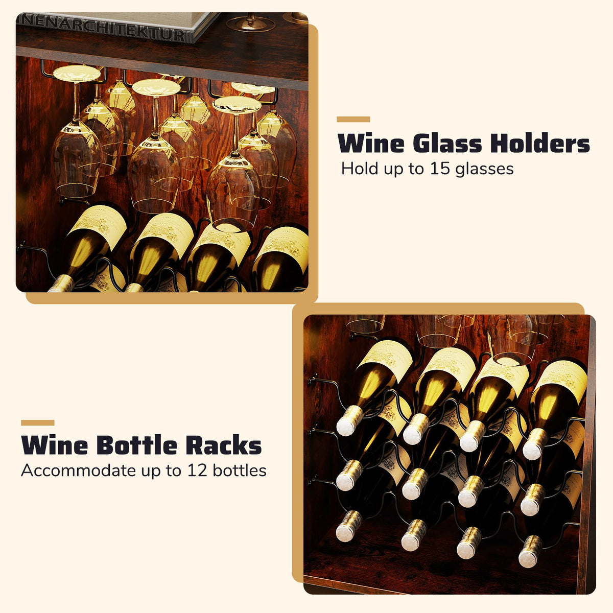 Wine Bar Cabinet with LED Light and Adjustable Shelves-Rustic Brown view 7
