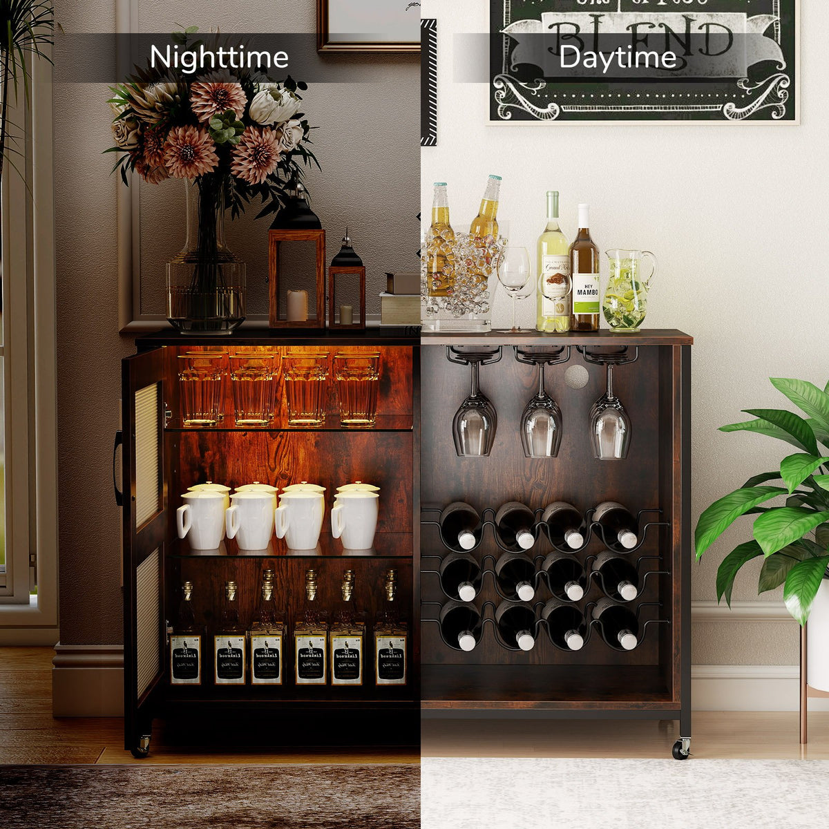 Wine Bar Cabinet with LED Light and Adjustable Shelves-Rustic Brown view 9