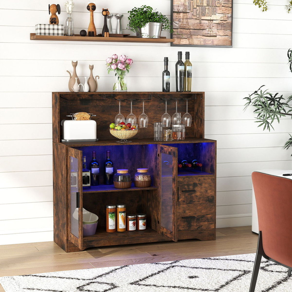 Wine Bar Cabinet with LED Lights and Charging Station-Rustic Brown view 2