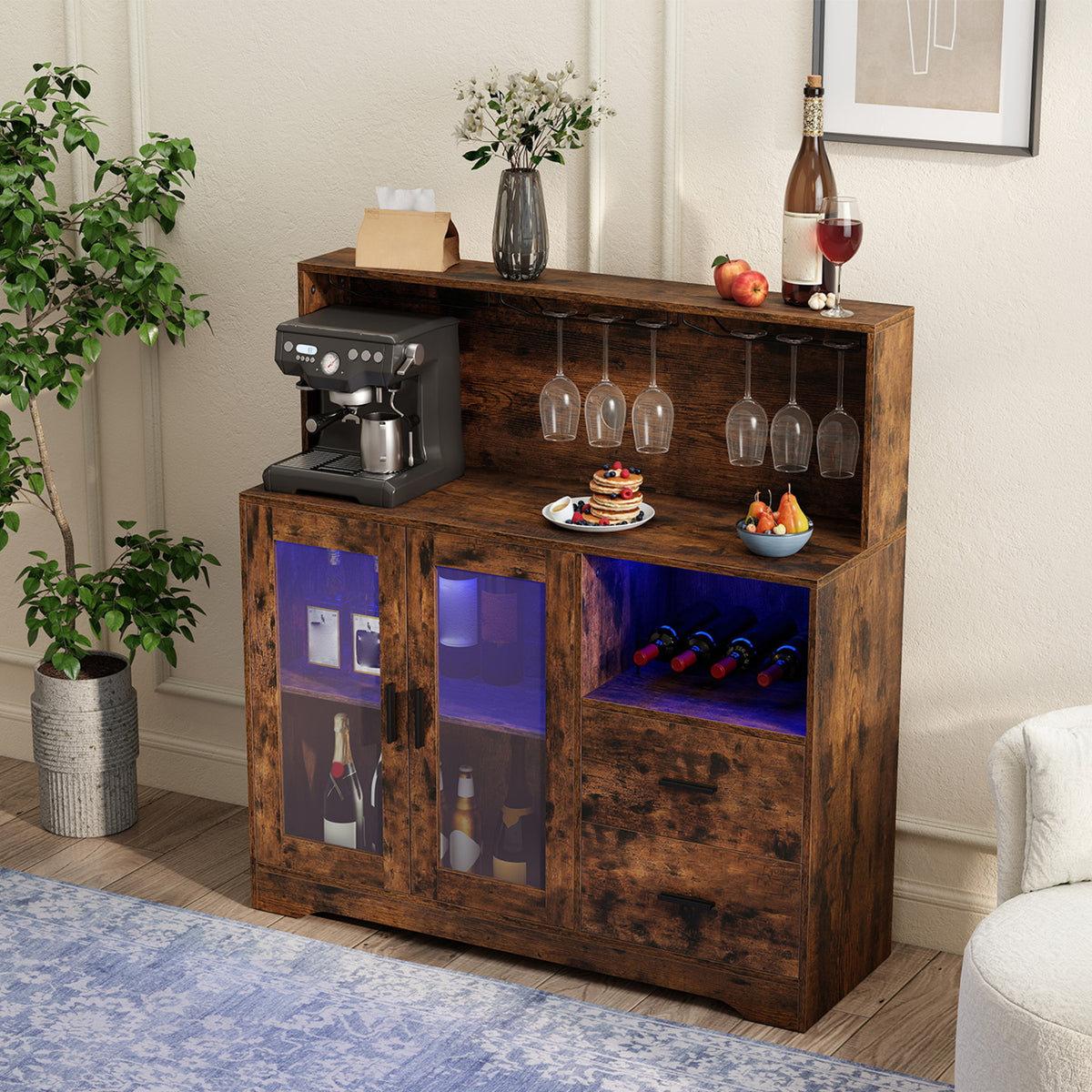 Wine Bar Cabinet with LED Lights and Charging Station-Rustic Brown view 3