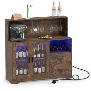 Wine Bar Cabinet with LED Lights and Charging Station-Rustic Brown view 4