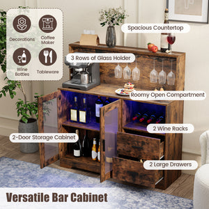 Wine Bar Cabinet with LED Lights and Charging Station-Rustic Brown view 6