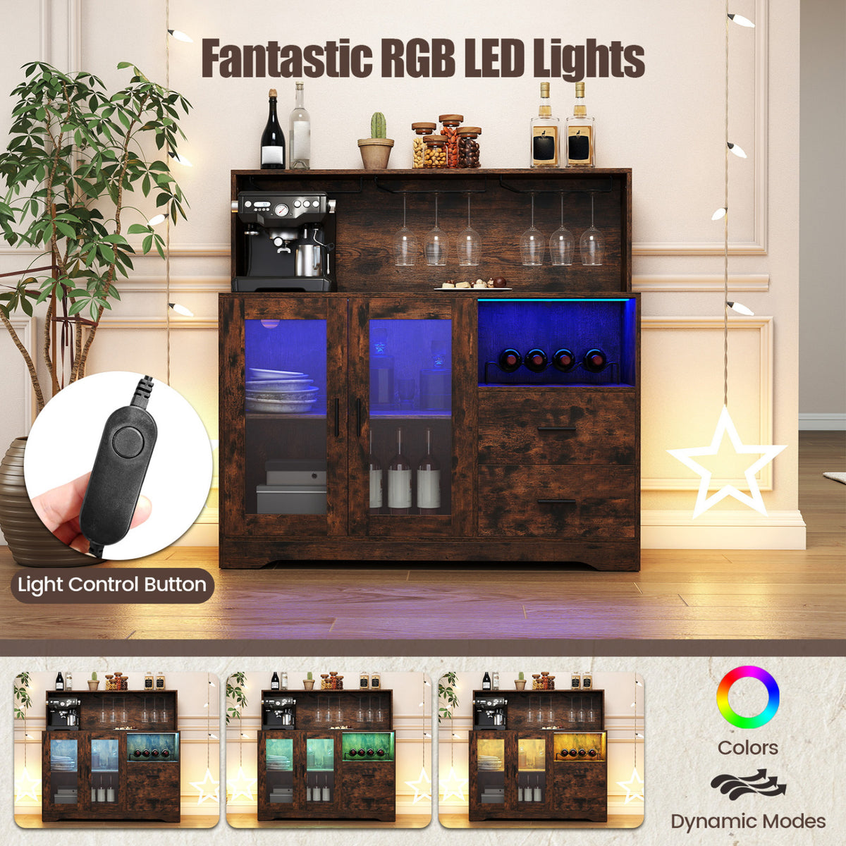 Wine Bar Cabinet with LED Lights and Charging Station-Rustic Brown view 7