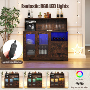 Wine Bar Cabinet with LED Lights and Charging Station-Rustic Brown view 7