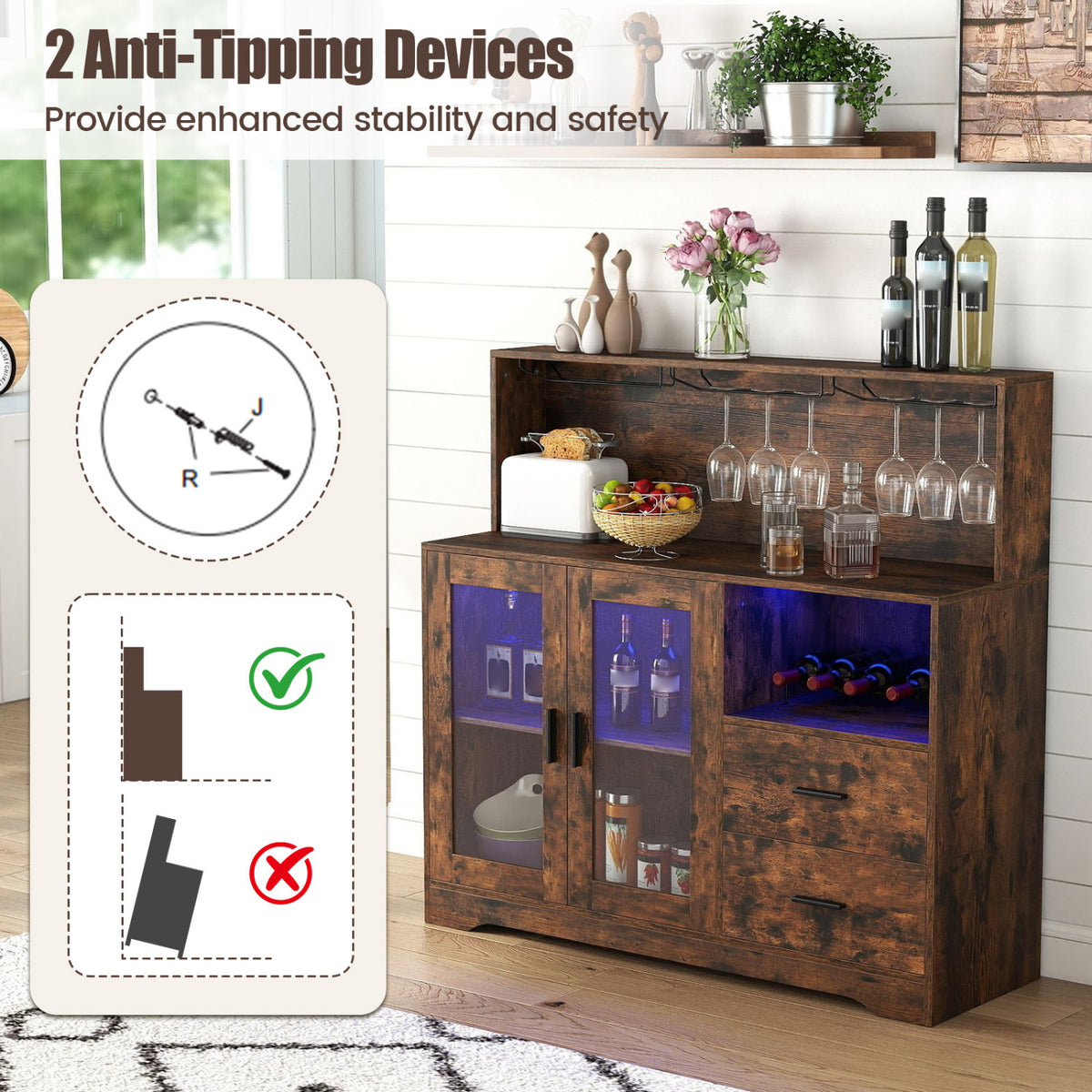 Wine Bar Cabinet with LED Lights and Charging Station-Rustic Brown view 8