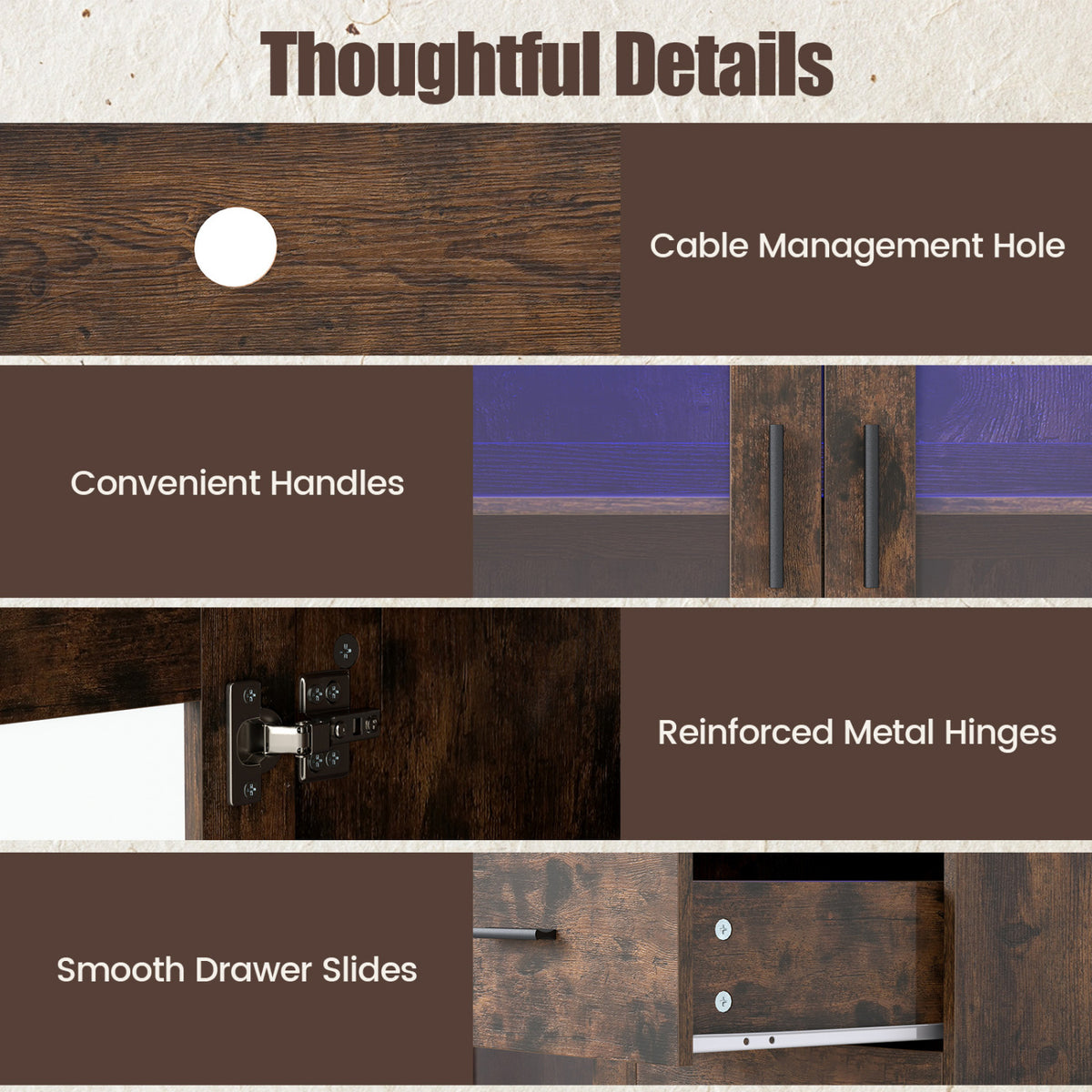 Wine Bar Cabinet with LED Lights and Charging Station-Rustic Brown view 9