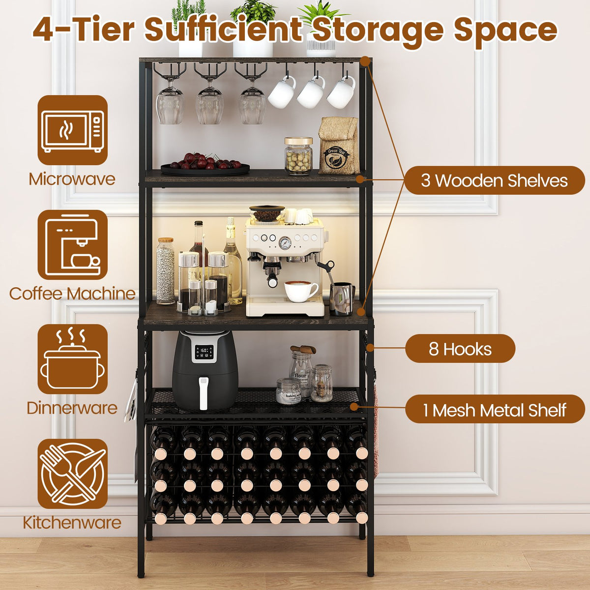 Wine Organizer with Power Outlet and Bottle Holders-Gray view 9