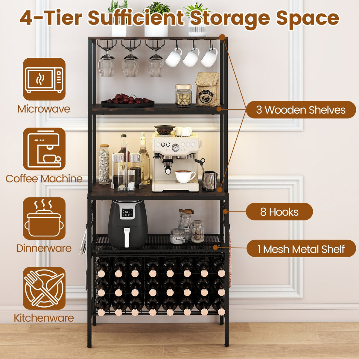 Wine Organizer with Power Outlet and Bottle Holders-Rustic Brown view 8