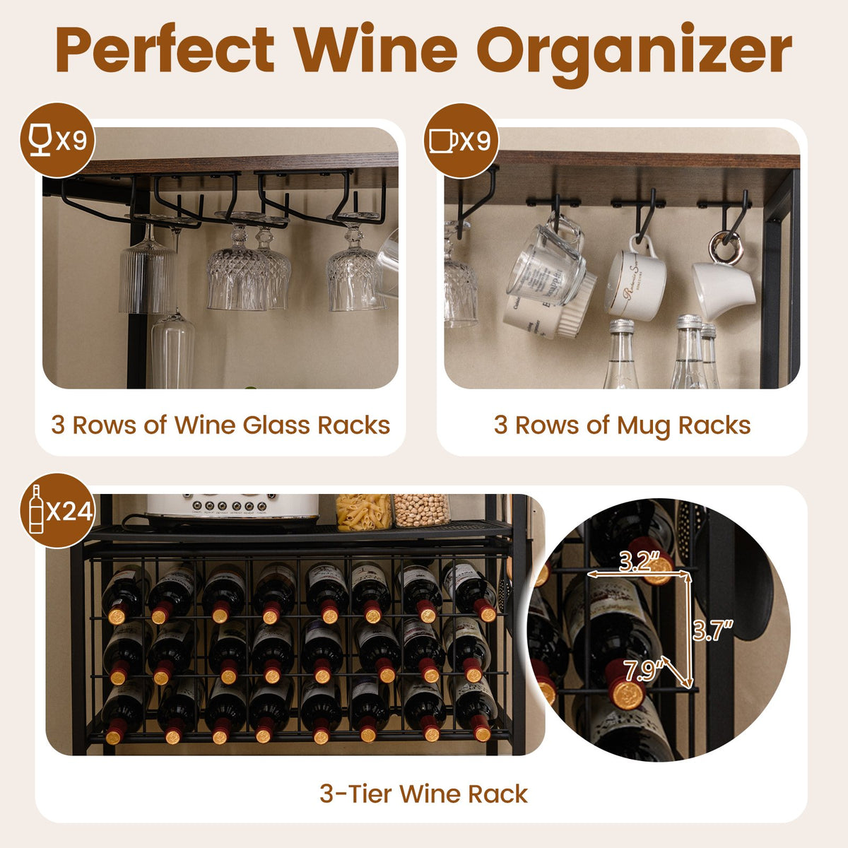 Wine Organizer with Power Outlet and Bottle Holders-Rustic Brown view 9