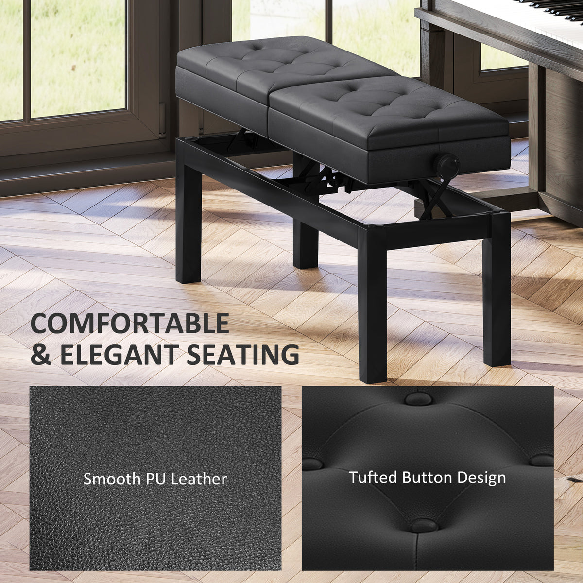 Piano Bench with Storage, Height Adjustable Piano Stool, PU Leather Tufted Keyboard Seat, Black