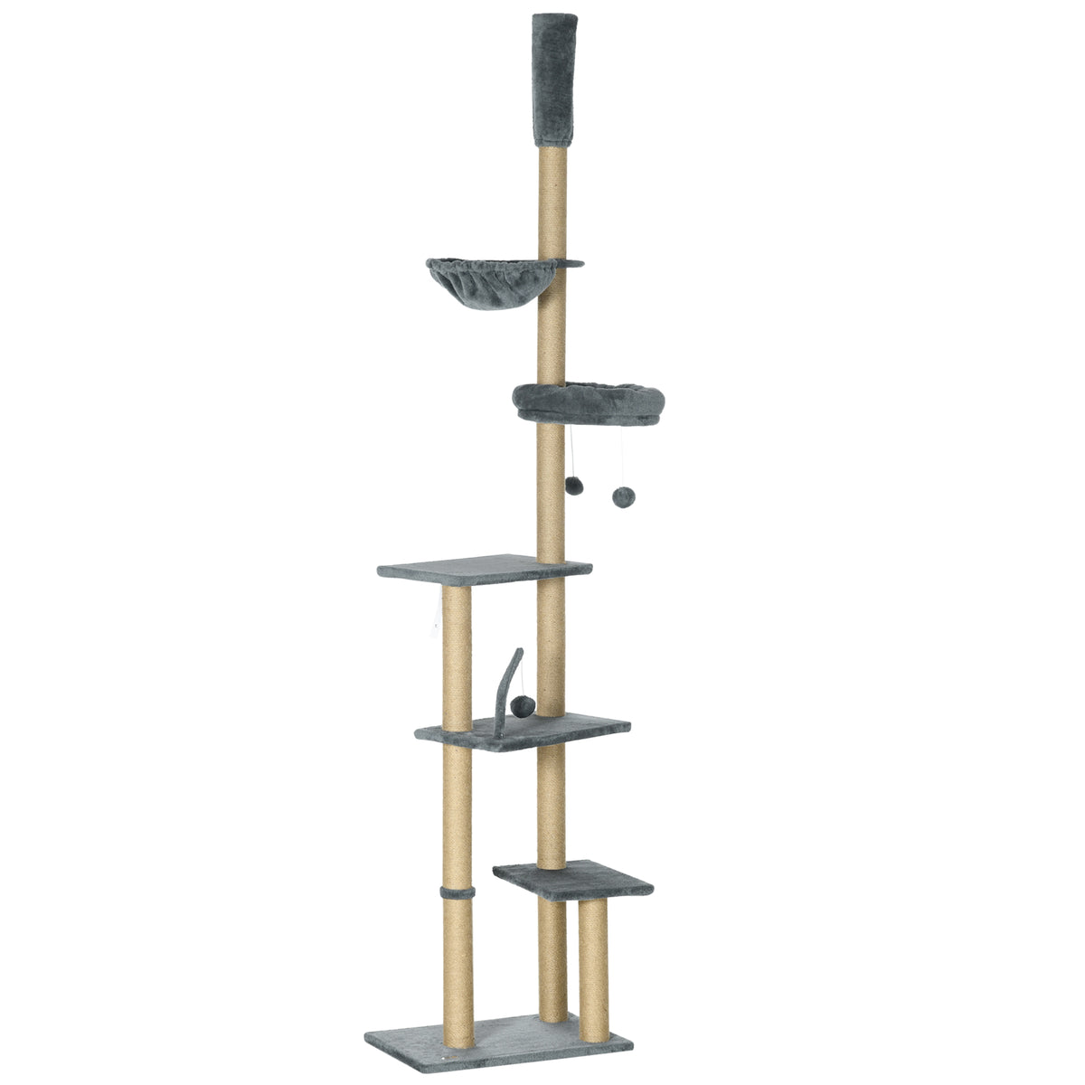 Floor to Ceiling Cat Tree, 90.5" - 98.5" Cat Tower with Scratching Post, Dangling Balls, Platforms, Bed, Hammock, Grey