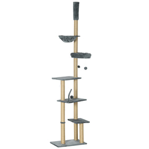 Floor to Ceiling Cat Tree, 90.5" - 98.5" Cat Tower with Scratching Post, Dangling Balls, Platforms, Bed, Hammock, Grey