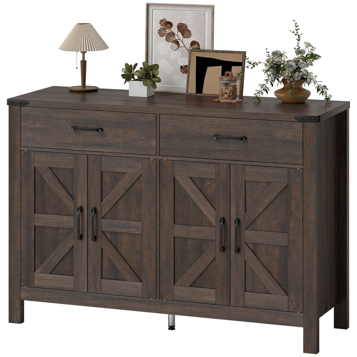 Side Cabinet, Farmhouse Kitchen Storage Cabinet w/ 2 Drawers and Shelves for Living Room, Entryway, Grey – view 7