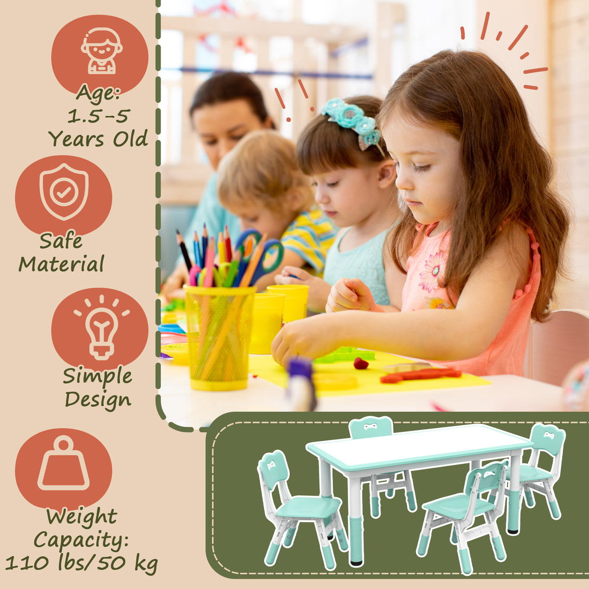 Qaba Kids Table and Chair Set with 4 Chairs, Adjustable Height, Easy to Clean, for 1.5 - 8 Years Old