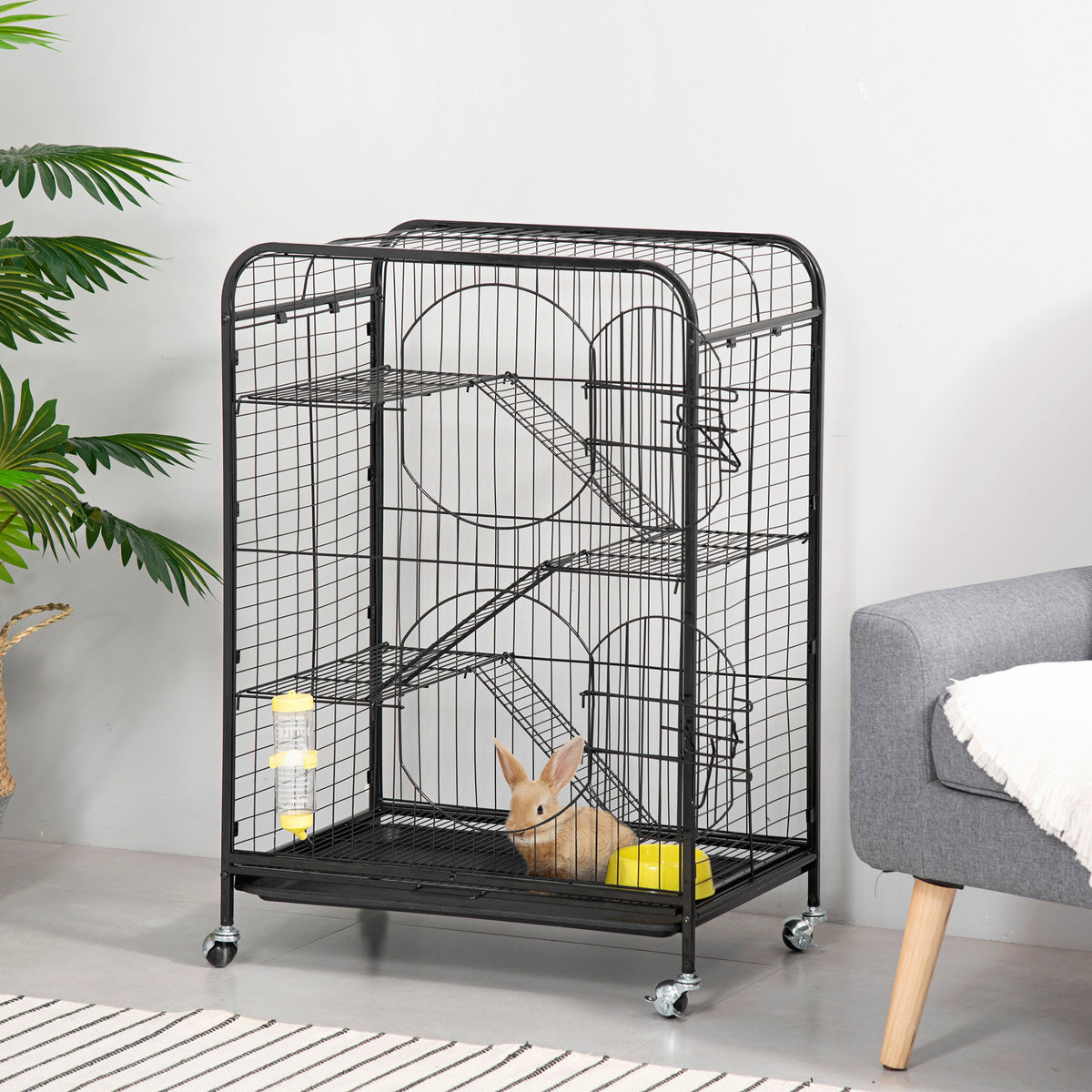 Rolling Small Animal Cage 36.6" Pet Rabbit Ferret Playpen, Animal Supply Kit Metal Black for Bunny, Pet Mink, Chinchilla