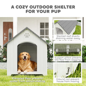 Large Plastic Dog House Outdoor Indoor, Water Resistant Puppy Shelter with Base Support, 34.6" L x 31.1" W x 35" H