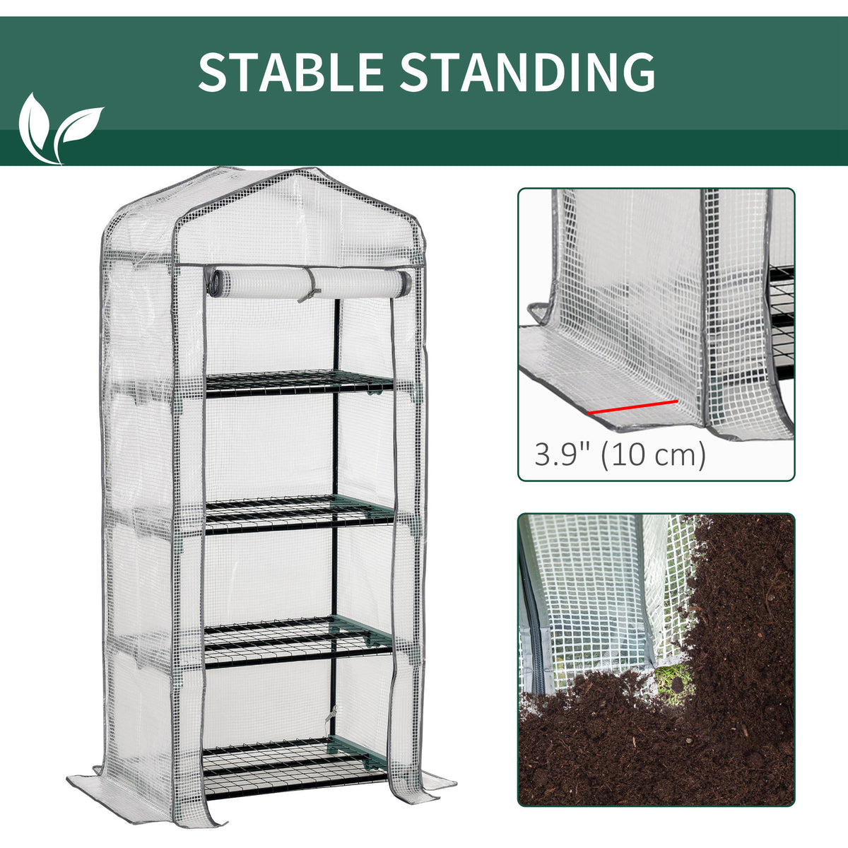 Portable Greenhouse Outdoor Hot House with 4 Tier Shelves, Steel Frame, PE Cover, 28" x 20" x 63" , White – view 11