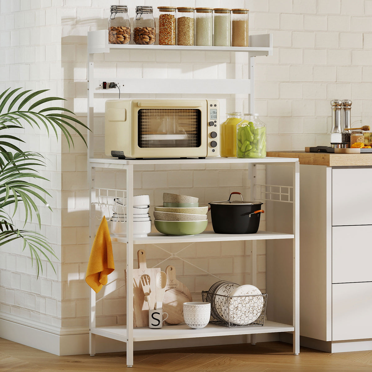 Kitchen Baker's Rack with Power Outlet, Coffee Bar Station with Adjustable Shelves and Hooks – view 35