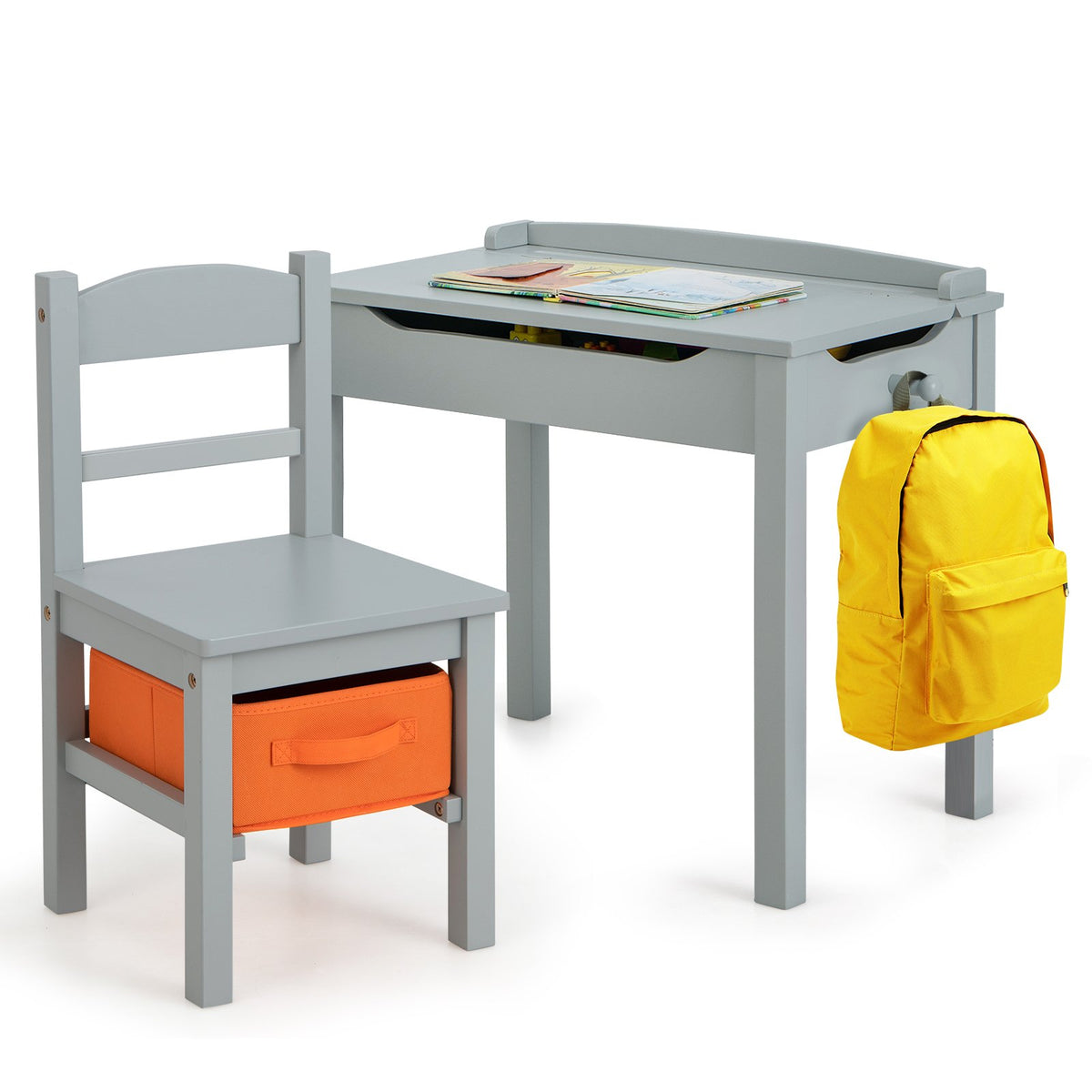 Wood Activity Kids Table and Chair Set with Storage Space-Gray