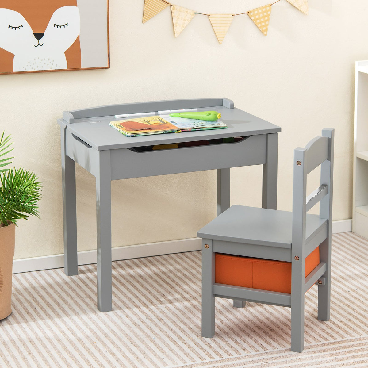 Wood Activity Kids Table and Chair Set with Storage Space-Gray view 2