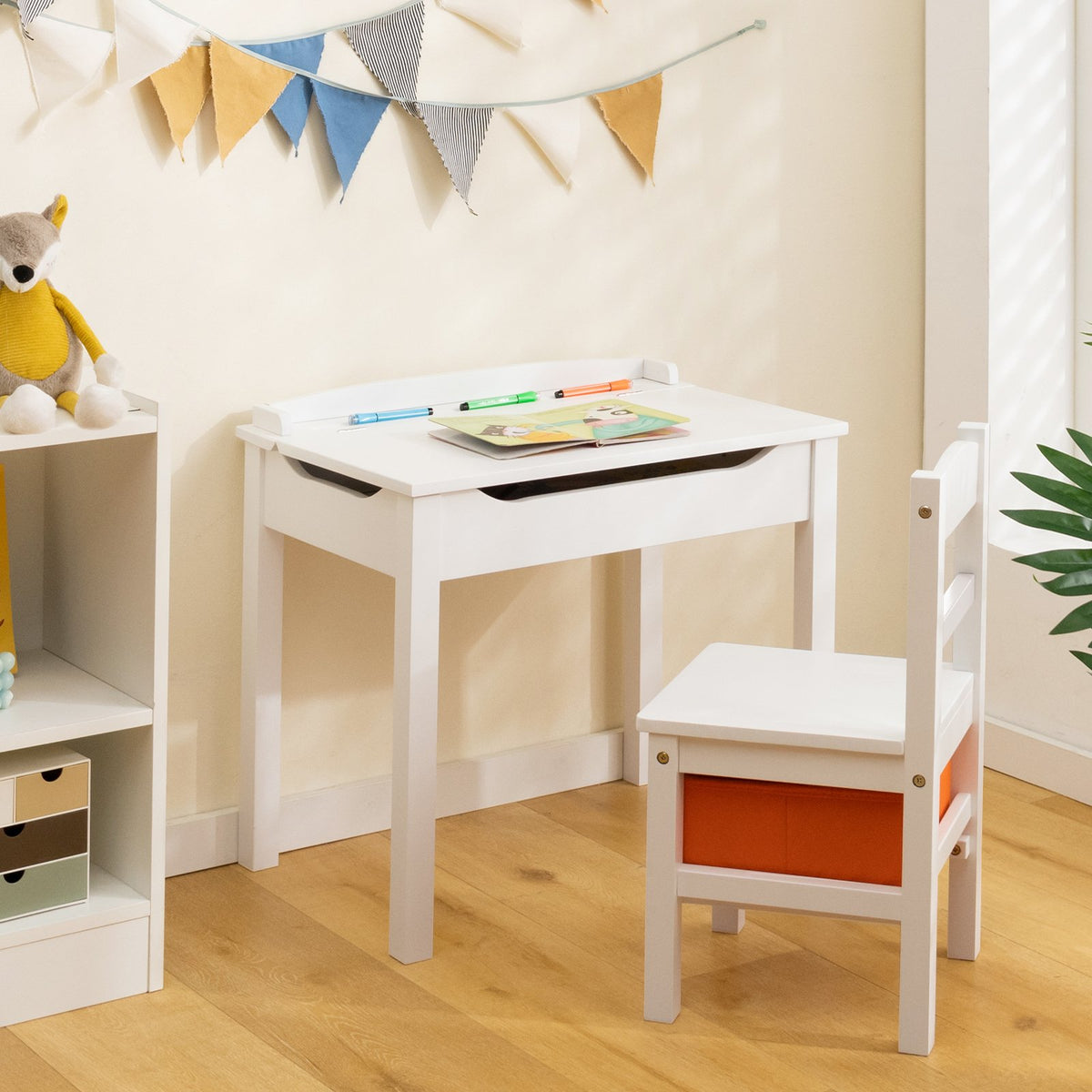 Wood Activity Kids Table and Chair Set with Storage Space-White view 2