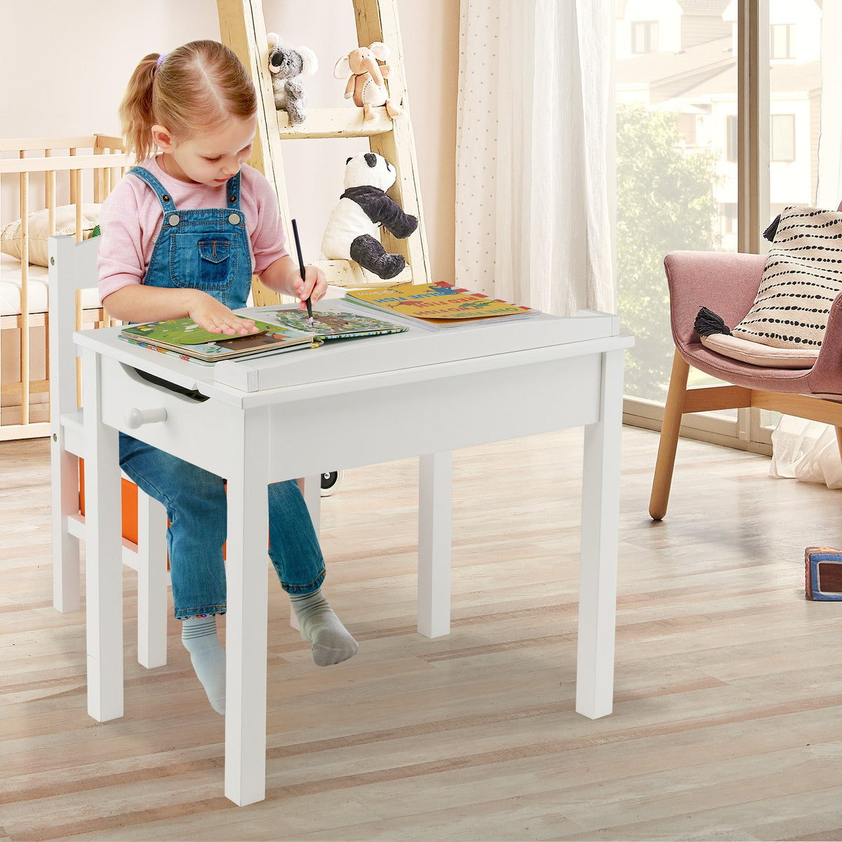 Wood Activity Kids Table and Chair Set with Storage Space-White view 3