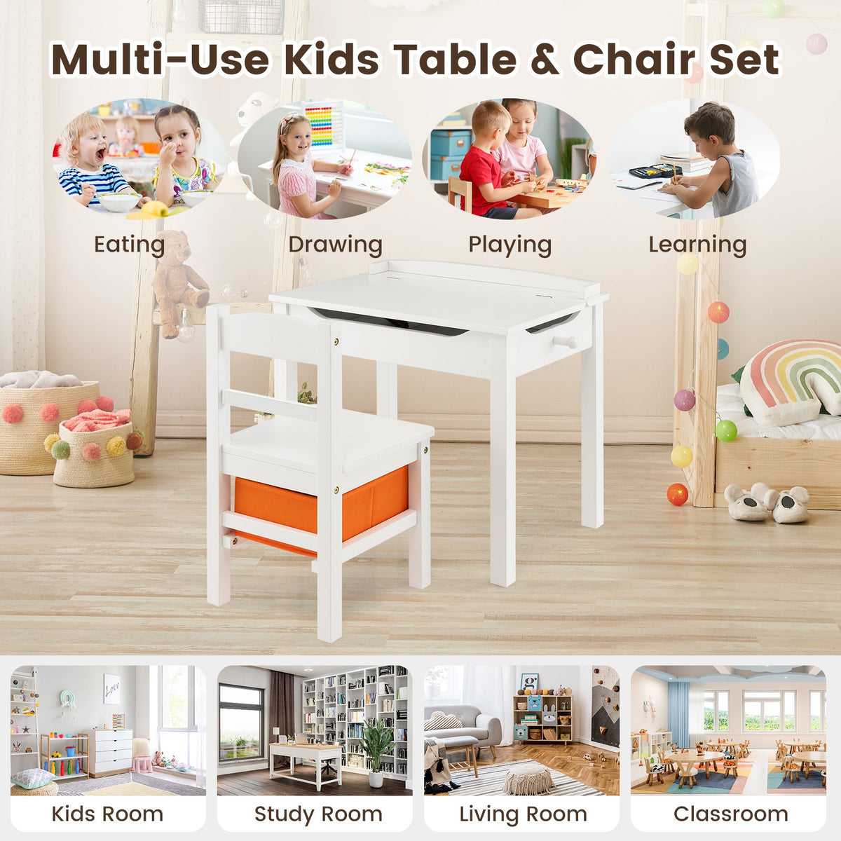 Wood Activity Kids Table and Chair Set with Storage Space-White view 6