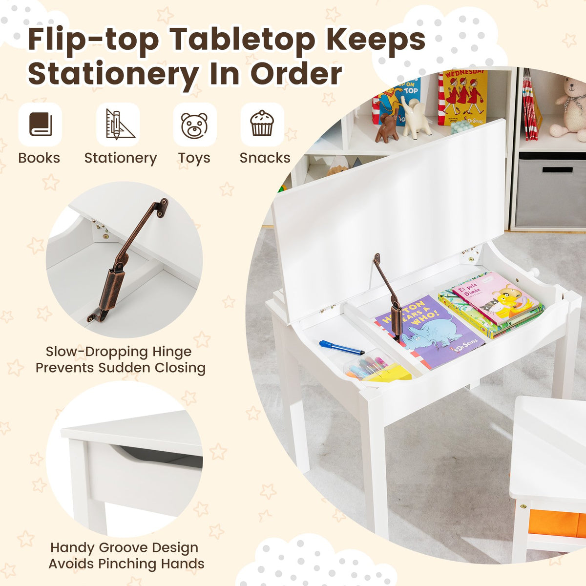Wood Activity Kids Table and Chair Set with Storage Space-White view 7