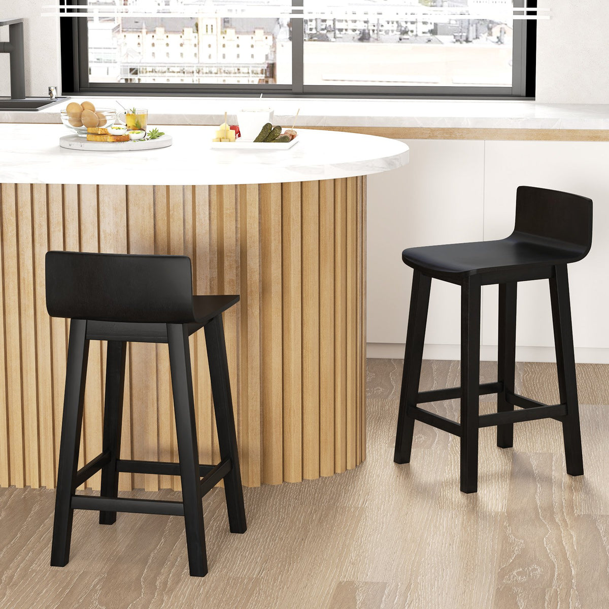 Wood Bar Stools Set of 2 with Solid Back and Seat-Black view 2