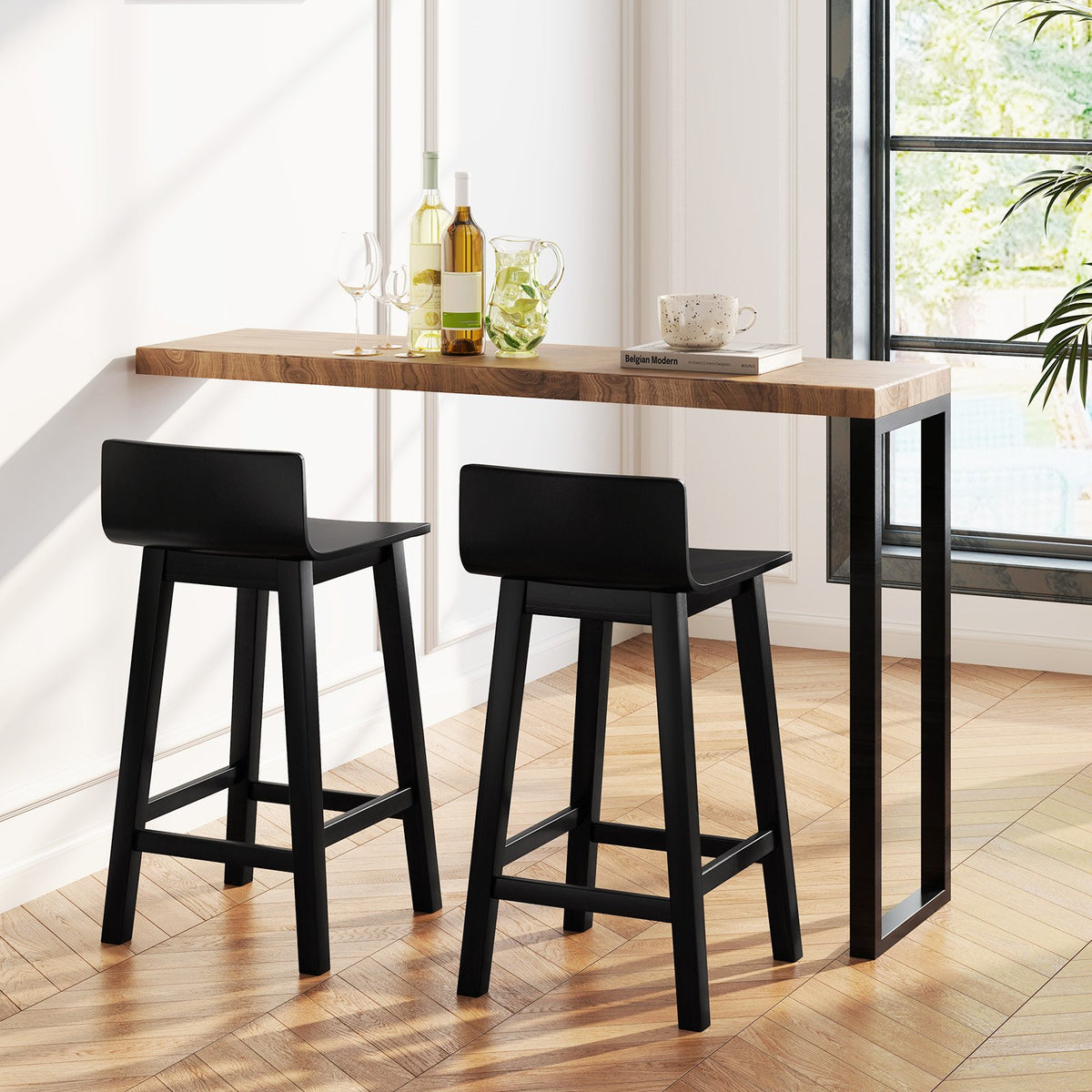 Wood Bar Stools Set of 2 with Solid Back and Seat-Black view 3